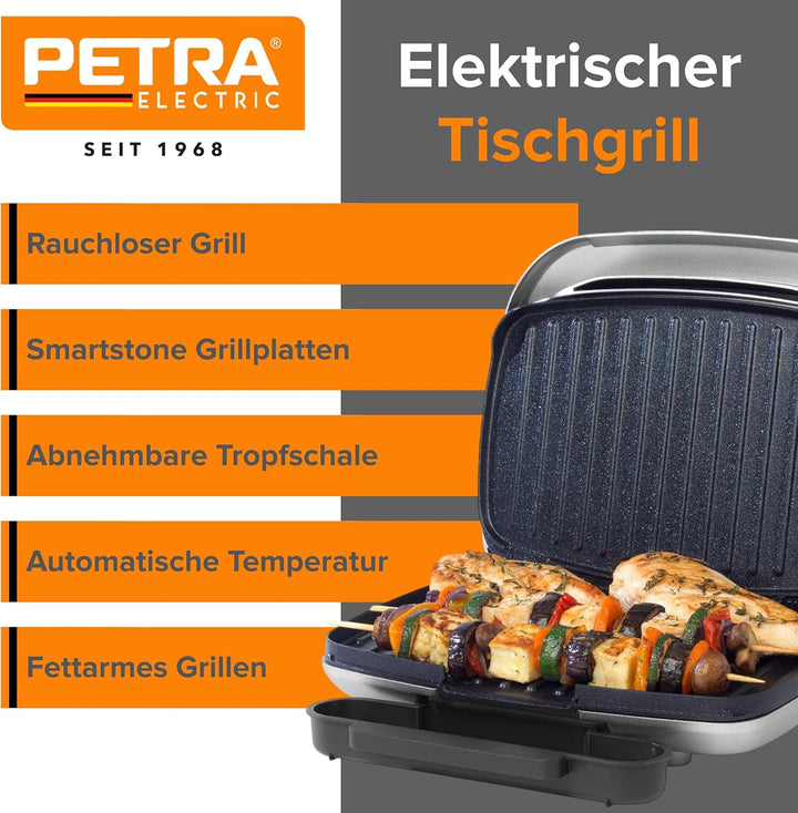 Petra PT5316HEVDEEU10 Elektrischer Rauchloser Gril - Antihaft Smartstone Grillplatten, Kontackgrill,