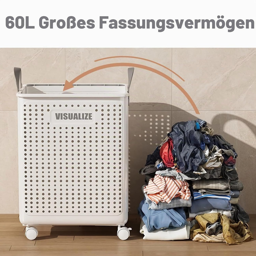 Siyecioa Wäschekorb Plastik Faltbare, Wäschesammler, 60L Laundry Baskets mit Rollen, Wäschebox für W