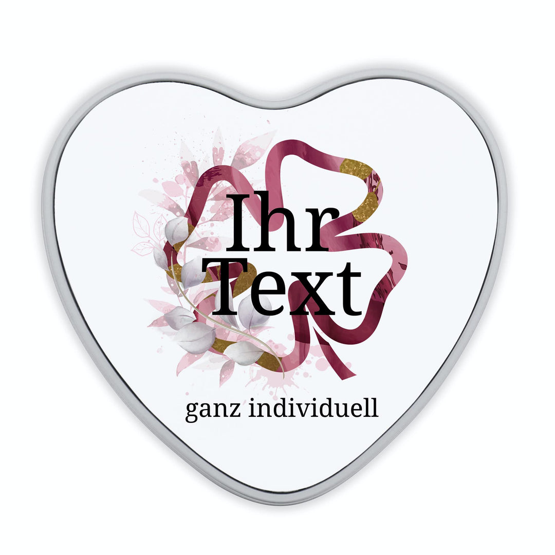 STEMPEL-FABRIK – personalisierbare Herzdose mit Name oder Wunschtext – Aquarell Motiv mit rotem Klee