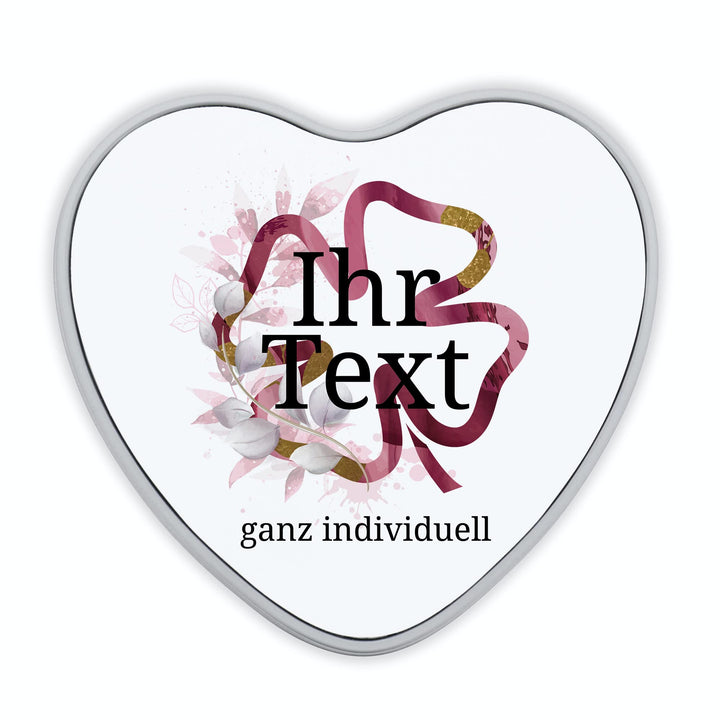 STEMPEL-FABRIK – personalisierbare Herzdose mit Name oder Wunschtext – Aquarell Motiv mit rotem Klee