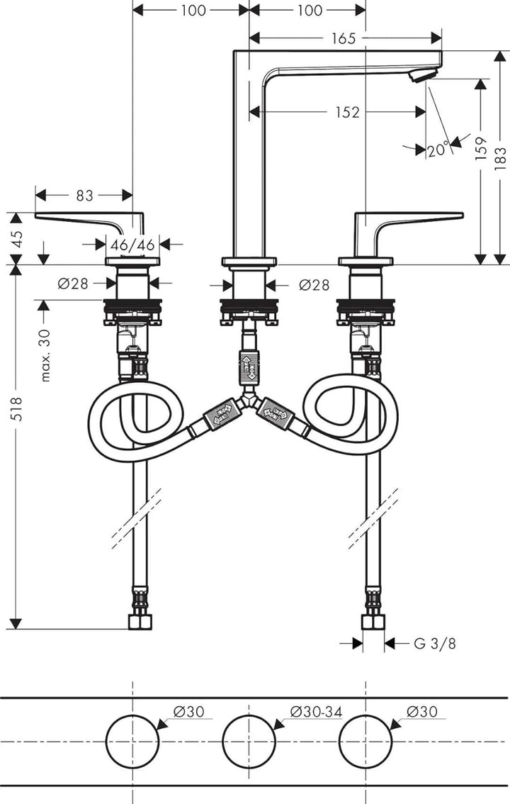 hansgrohe Wasserhahn Metropol wassersparende 3-Loch Armatur mit Komfort-Höhe 160mm und Push-Open Abl