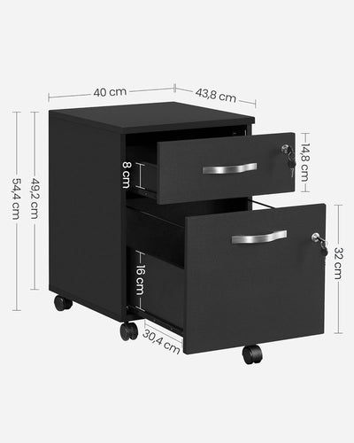 VASAGLE Rollcontainer, abschliessbar, Aktenschrank mit 2 Schubladen, 5 Rollen und Verstellbarer Häng