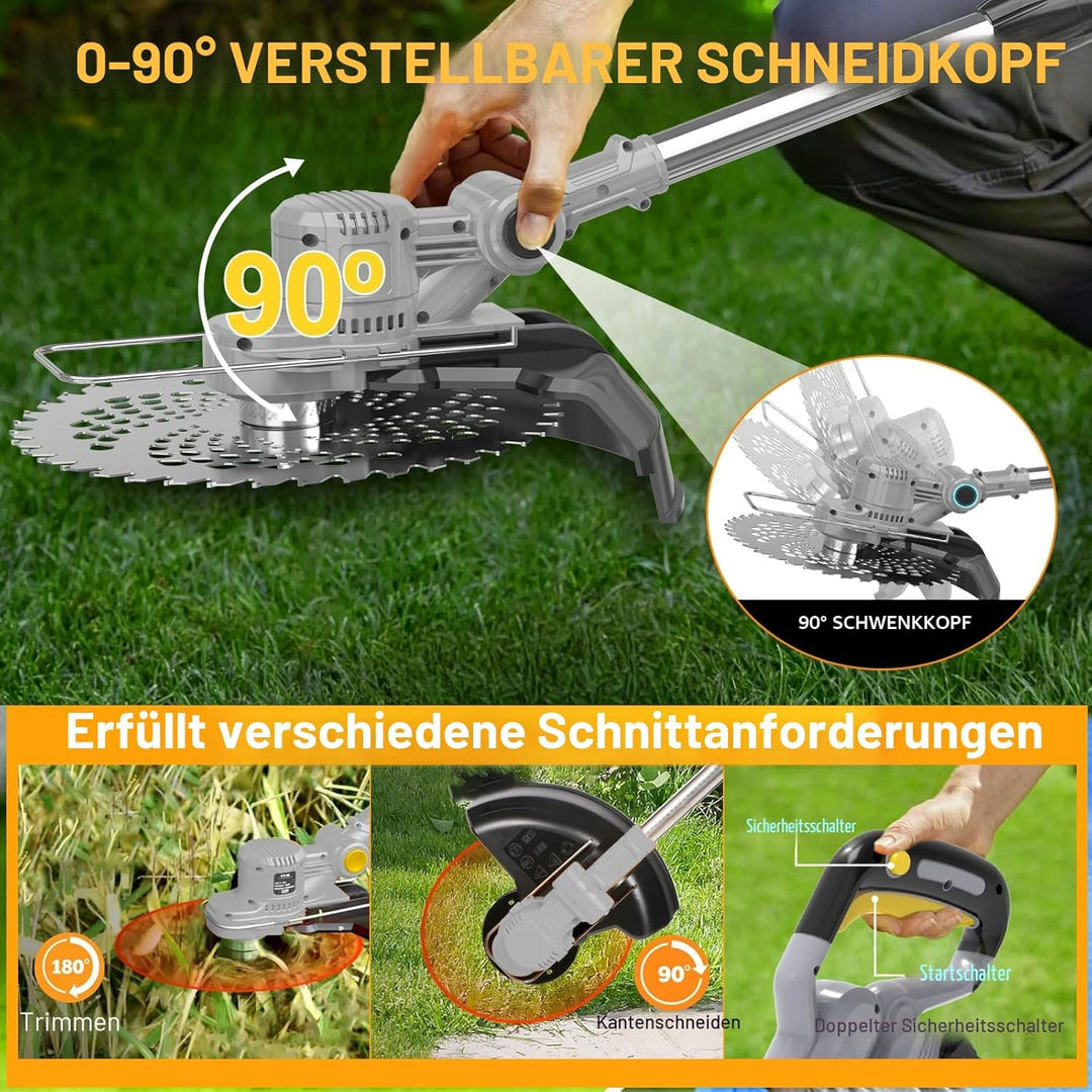 Akku Rasentrimmer mit Akku und Unkrautbürste 21V Freischneider Akku Elektro Motorsense mit 2X 4.0Ah