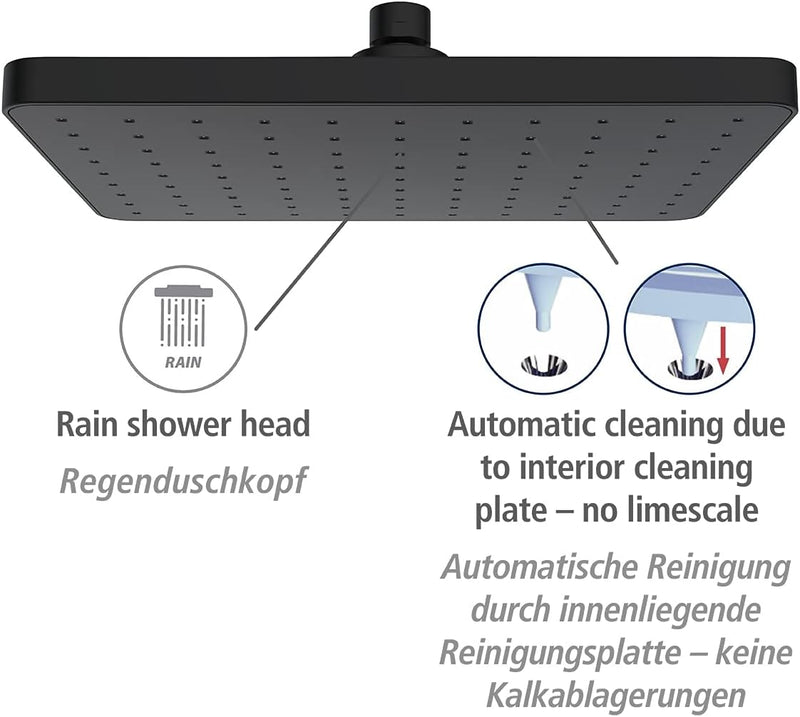 WENKO Automatic Clean Regenduschkopf, Anti-Kalk Funktion, eckiger Brausekopf mit automatischem Reini