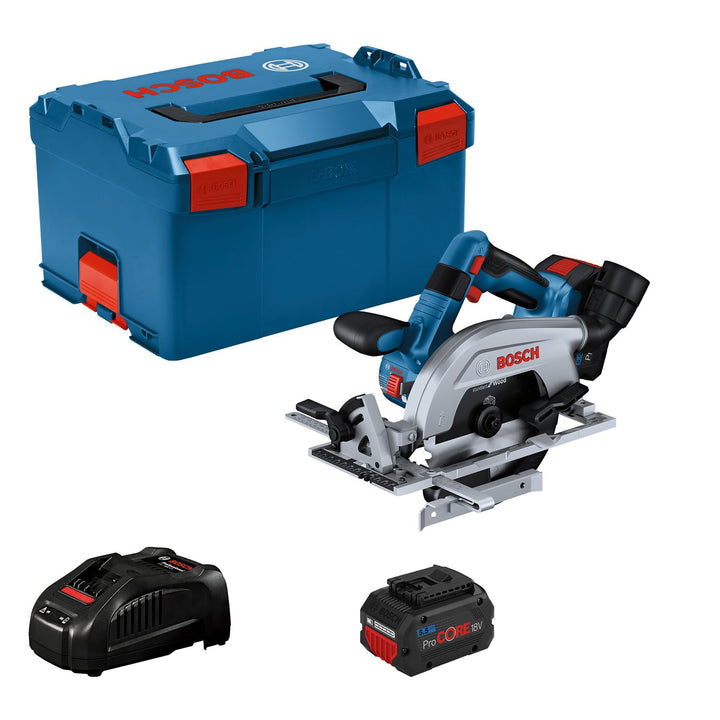 Bosch Professional 18V System Akku-Kreissäge GKS 18V 57-2L (linksseitiges Blatt, kohlenloser Motor,