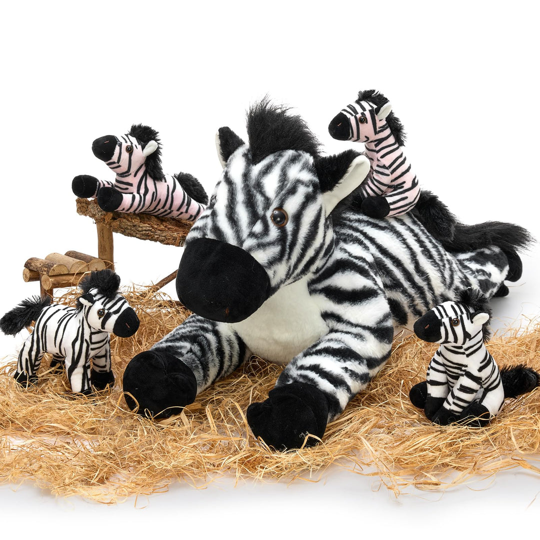 MorisMos 64cm riesen Zebra Kuscheltier XXL mit 4 Baby im Bauch, gross Plüschpferd XXL, Flauschiger S
