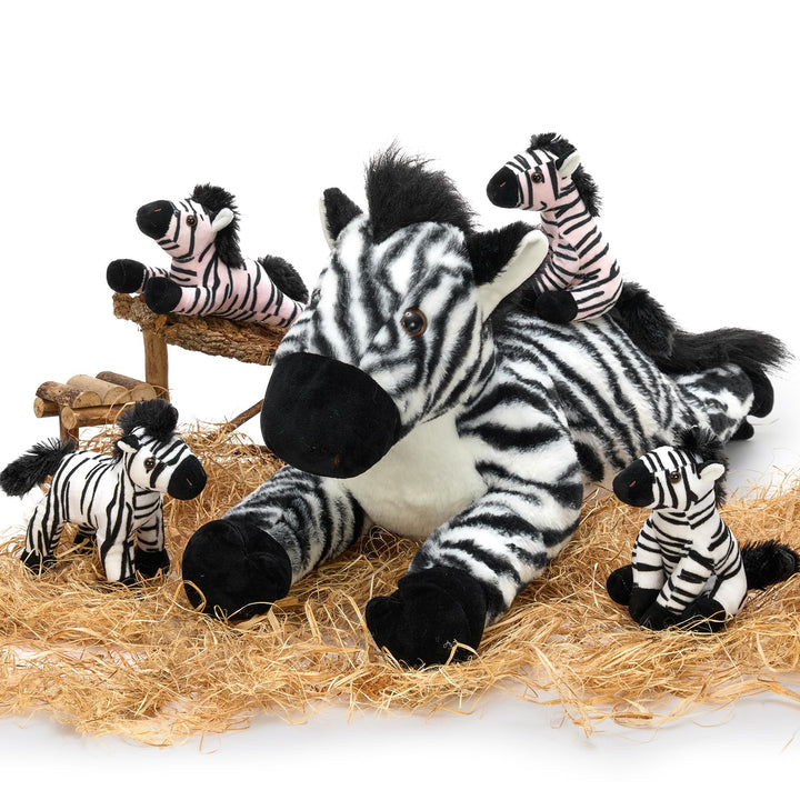 MorisMos 64cm riesen Zebra Kuscheltier XXL mit 4 Baby im Bauch, gross Plüschpferd XXL, Flauschiger S
