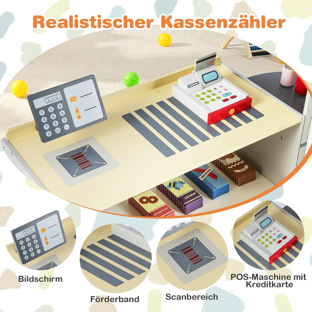COSTWAY Kinder Kaufladen, Kaufmannsladen aus Holz mit Seitentheke, Supermarkt-Set mit Kasse, POS-Mas