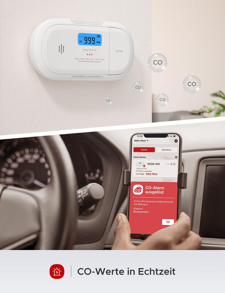 X-Sense Smart-Kohlenmonoxidmelder, WLAN-Kohlenmonoxidmelder, Echtzeit-Push-Benachrichtigungen über X