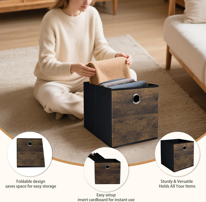 4 Stück Haltbare Aufbewahrungswürfel Behälter mit Vintage Holzkorn,Dekorative Stoffbox Aufbewahrungs