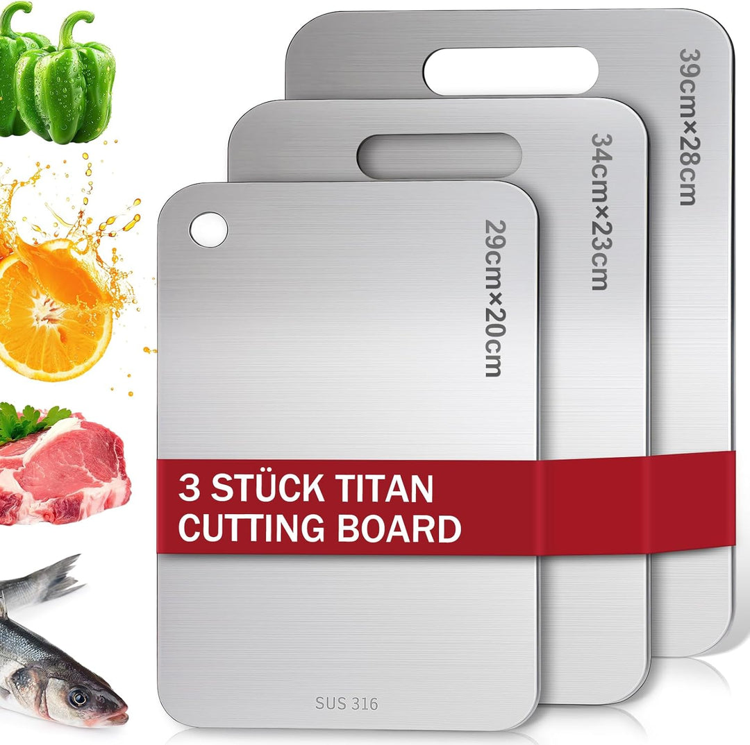 Titan Schneidebrett Set 3 Stück - S316 Edelstahl Schneidebrett, Titanium Cutting Board, Doppelseitig