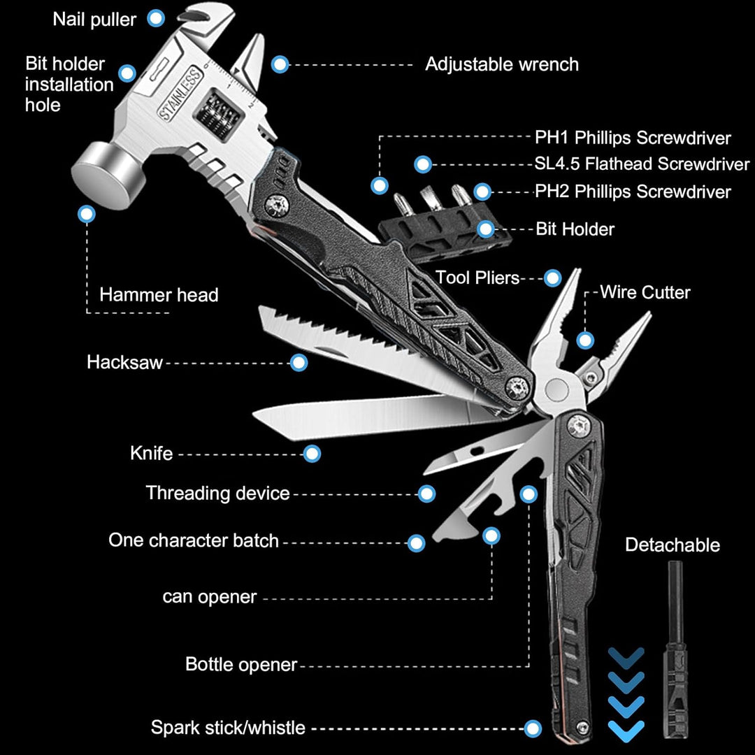 18 in 1 Multitool-Hammer – Kohlenstoffstahl Tragbares Multi-Tool für Camping, Wandern, Notfall, Über