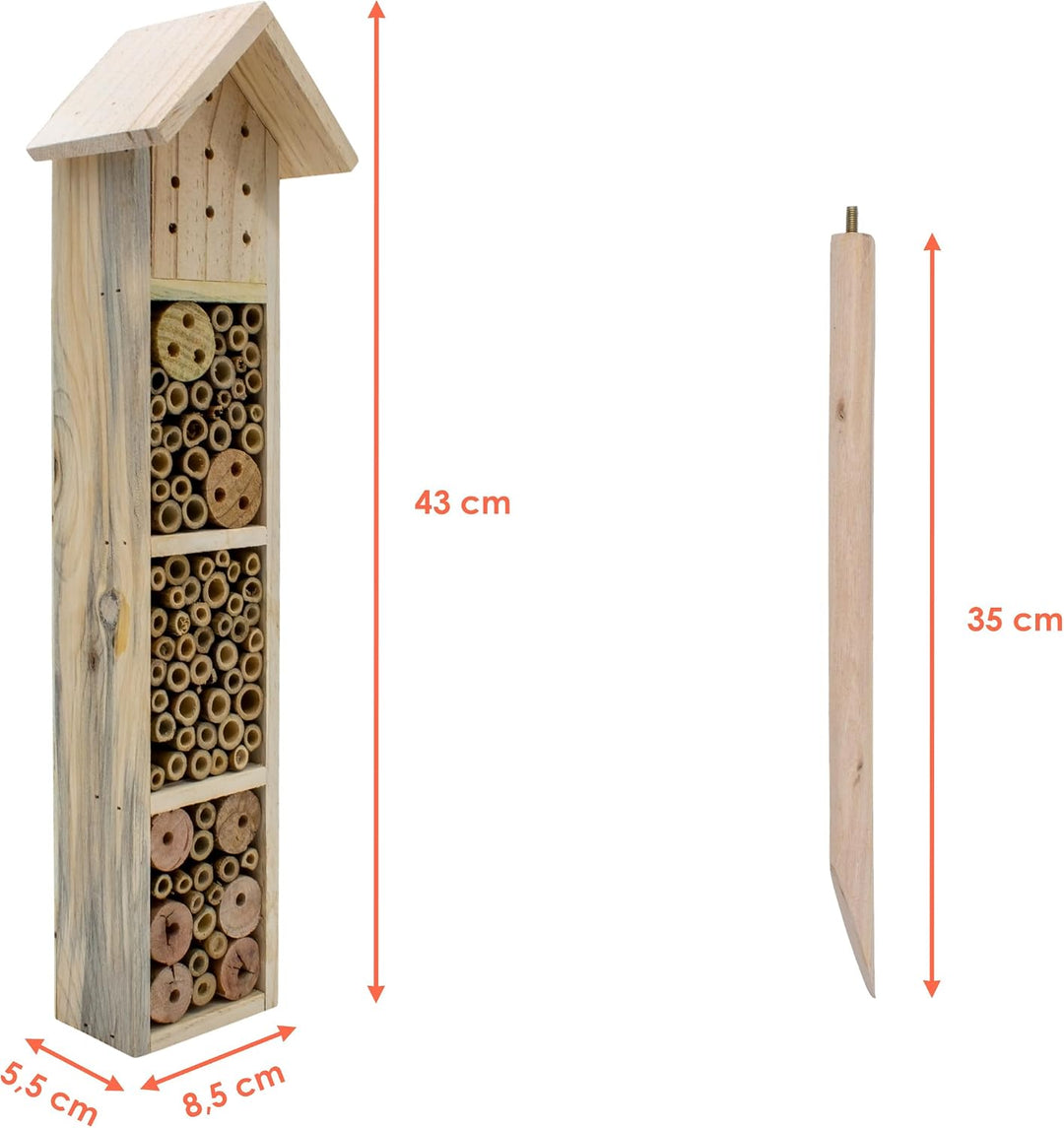 Holz Insektenhotel mit Erdspiess - H 78 cm - Insektenhaus naturbelassen zum Aufstellen - Bienenhotel