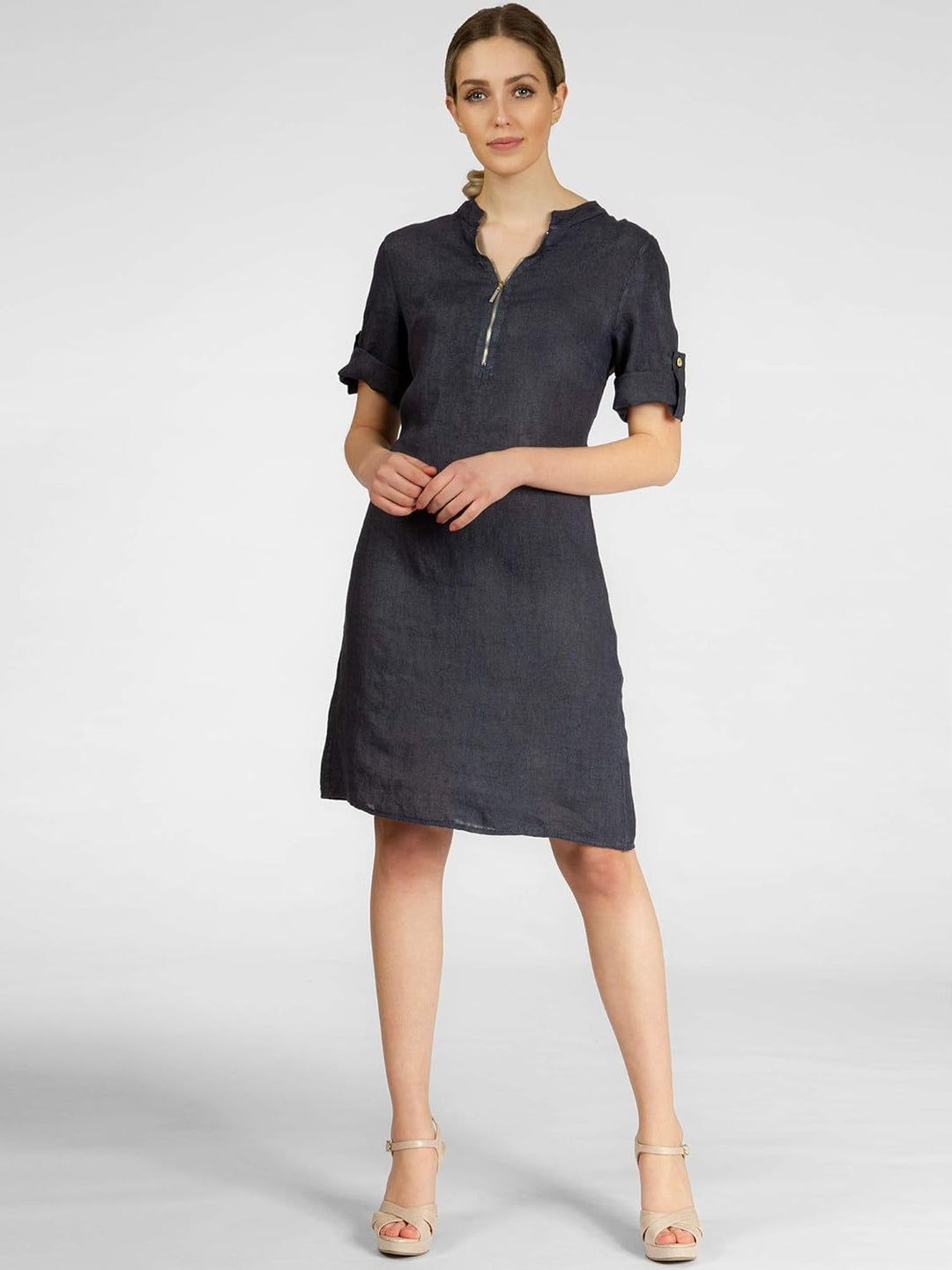 Caspar SKL037 stylisches knielanges Damen Sommer Leinenkleid mit Reissverschluss Ausschnitt 36 Dunke