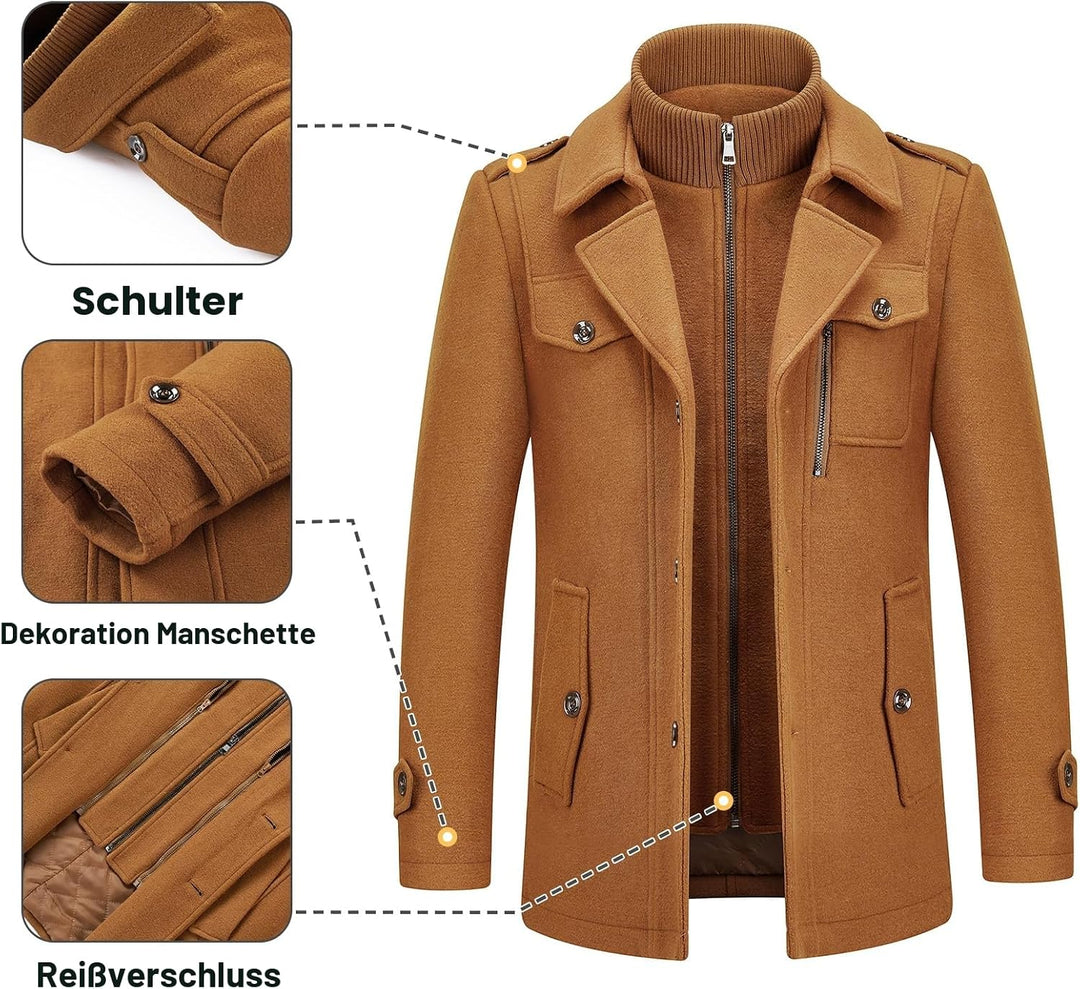 KUDORO Herren Wintermantel Wolle Kurzmantel Herren Wollmantel Mittellang Slim Fit für Business Freiz