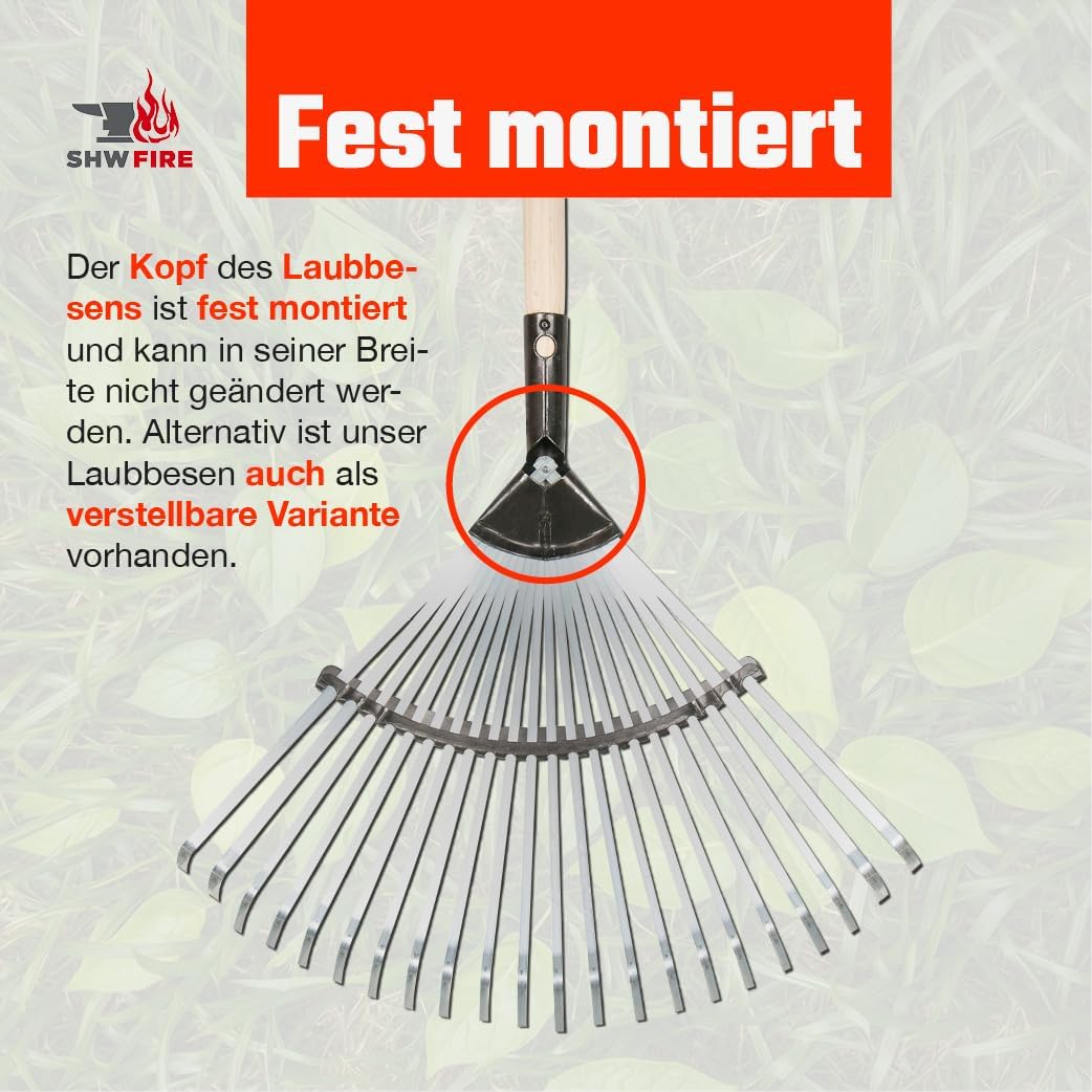 SHW-FIRE Profi Laubbesen verzinkt - Breiter, fest montierter Besen mit 22 Zinken und ergonomischem S