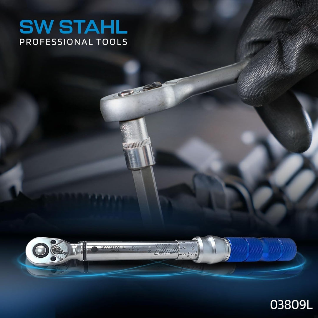 SW-Stahl 03809L Profi Drehmomentschlüssel 1/4 Zoll 5-25 Nm I Rechts-und Linksanzug I Doppelskala FT-