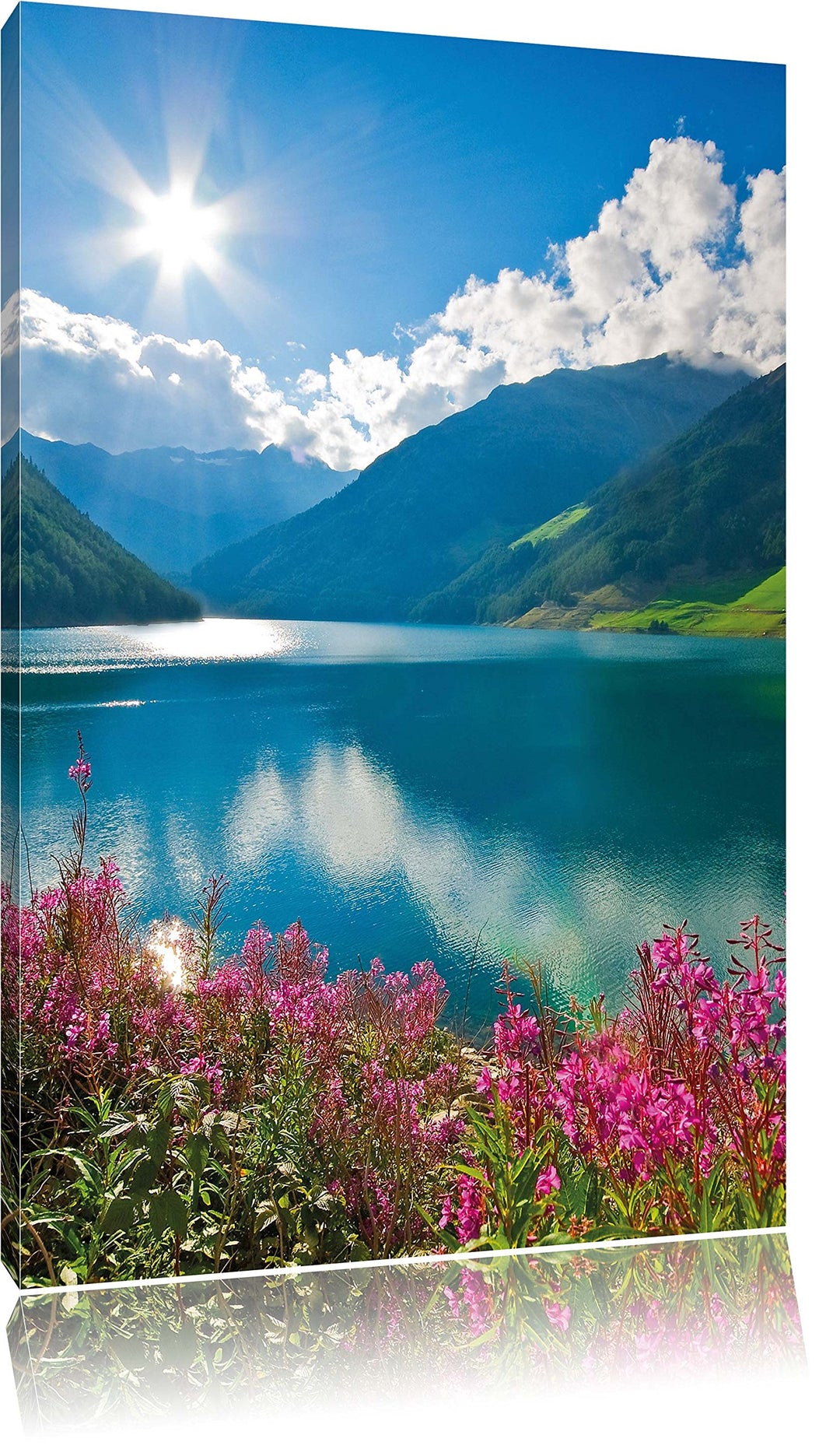Blumenwiese am Bergsee, Format: 100x70 auf Leinwand, XXL riesige Bilder fertig gerahmt mit Keilrahme
