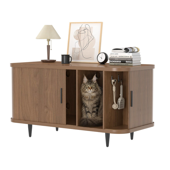 BACEKOLL Katzenklo Schrank mit Rollo-Tür Design, Mid-Century Katzenschrank Holz für grosse Katzen, V