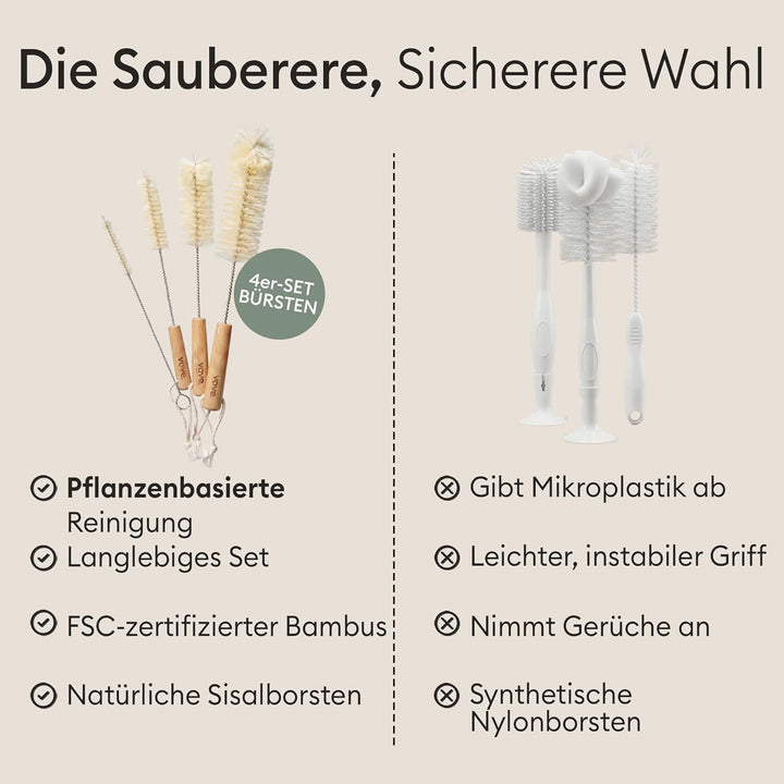 Vove Flaschenbürsten-Set 4-teilig aus Natur-Sisal mit Bambusgriffen, plastikfrei, inkl. Strohhalmrei