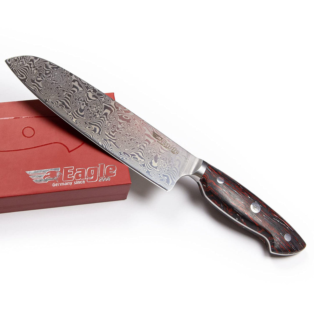 Eagle U-Grip - Santoku-Messer 18 cm - Voll-Damaststahl 108 Lagen/Heftschalen: G10 schwarz-rot-weiss