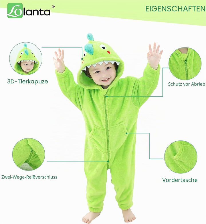 LOLANTA Kinder Grün Dinosaurier Kostüm,Kinder Tier Flanell Strampler Overall,6-7 Jahre,Grün,Etikette
