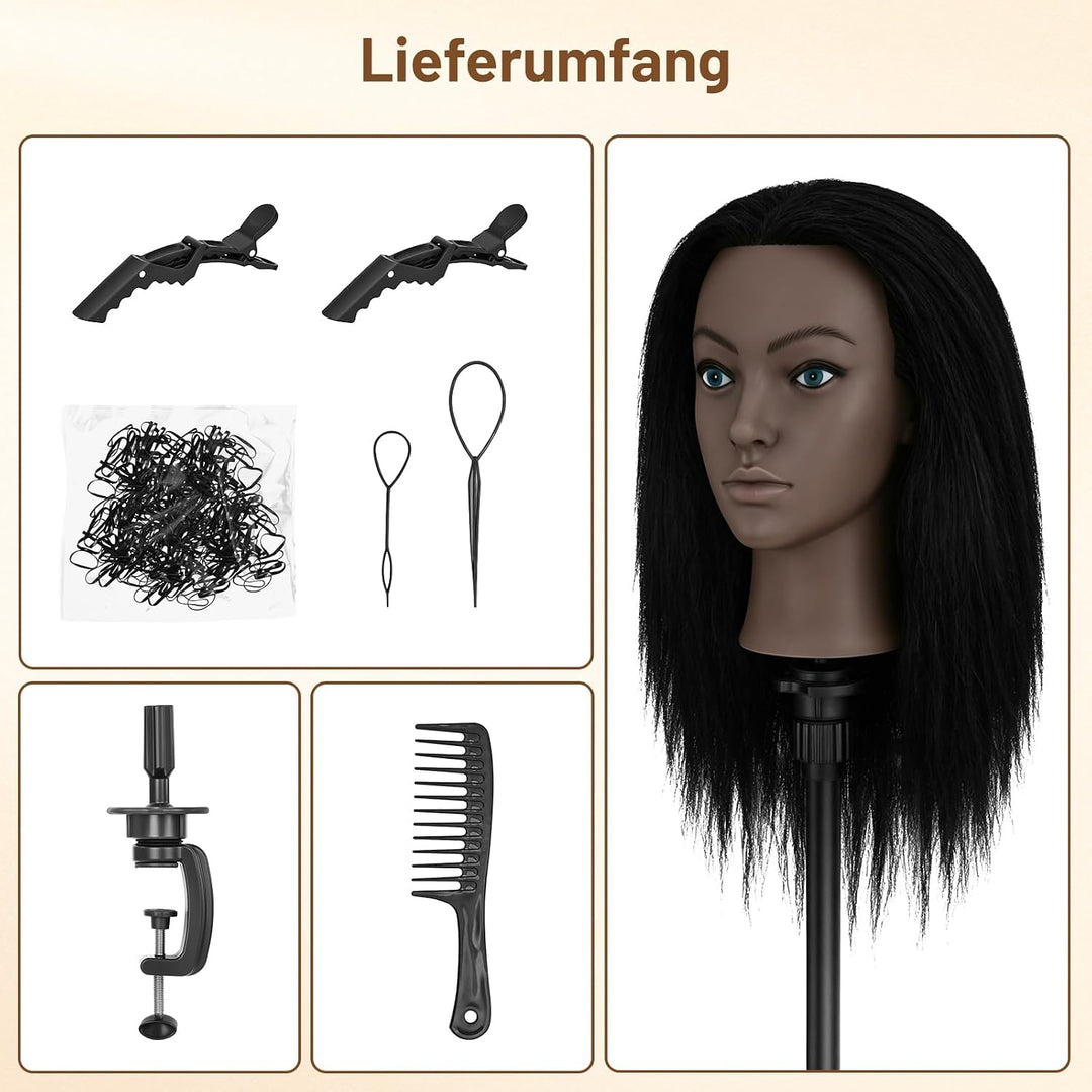 TwoWin 18 Zoll /45 cm Afro Trainingsköpfe für Friseure, Frisierkopf mit 100% Echthaar, Übungskopf Af