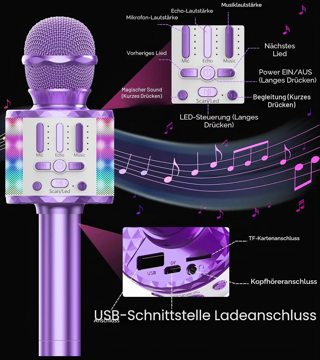 Karaoke Mikrofon, LED Drahtloses Bluetooth Mikrofon zum Singen mit Lautsprecher, Karaoke Spielzeug K