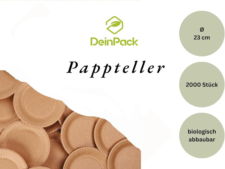 Einwegteller 23 cm Ø 2000 Stück I Pappteller braun rund I recycelbares Partygeschirr | Teller für Ge