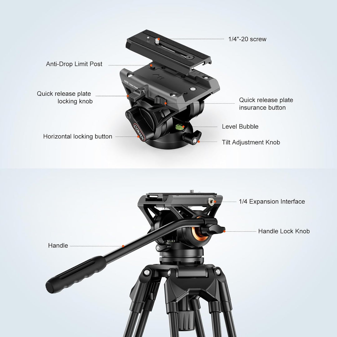 COMAN 188cm Kamera Stativ Robustes Professionelles Fotokamera Videostativ 360° Kugelkopf und 1/4'' G