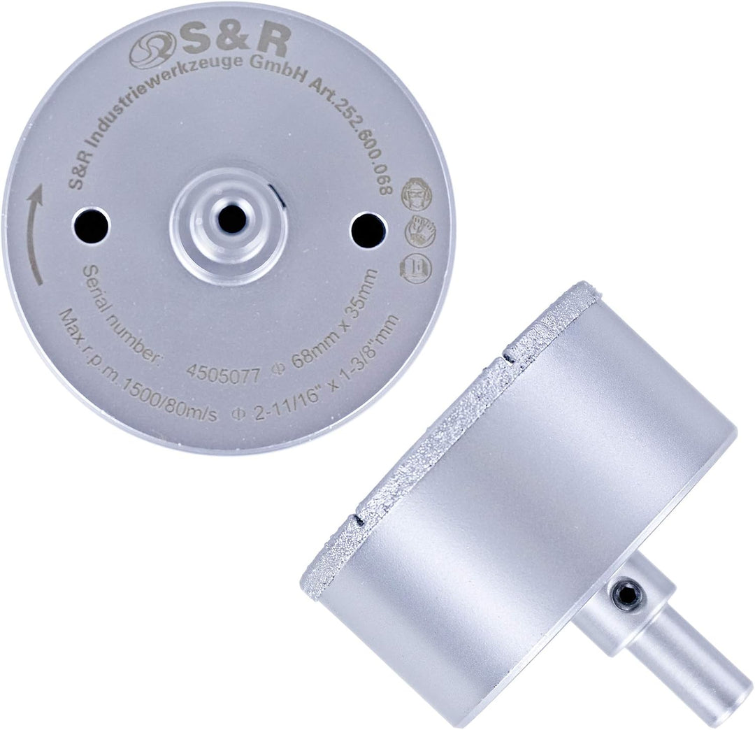 S&amp;R Diamant-Lochsäge Set 68 mm mit Zentrierbohrer, Diamant Hohl-Bohrkrone, für harte Fliesen, Porzel