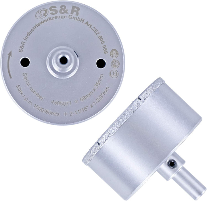 S&amp;R Diamant-Lochsäge Set 68 mm mit Zentrierbohrer, Diamant Hohl-Bohrkrone, für harte Fliesen, Porzel