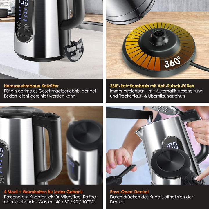 KESSER® Wasserkocher Edelstahl 1.5 Liter | LED-Anzeige | 4-Modi Temperatureinstellung 40°C-100°C | 3