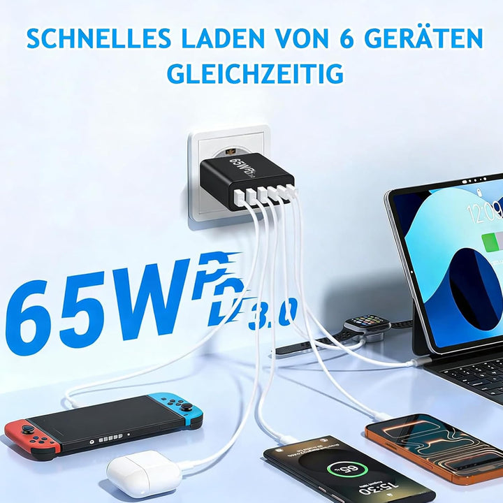 65W GaN Mehrfachladegerät 6 Port, Kompaktes USB-C Schnellladegerät mit 3×USB-C PD & 3×USB-A Anschlüs