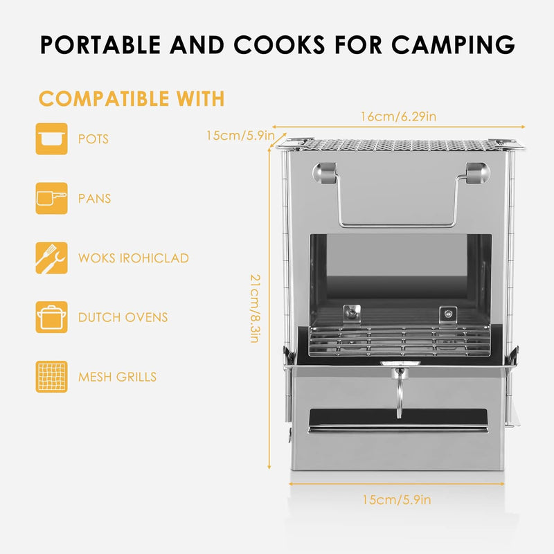 Lixada Camping-Pfanne aus Edelstahl, zusammenklappbar, Holzofen, Mini-Grill, mit Transporttasche, fü