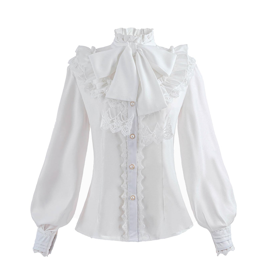 Fiamll Damen Viktorianisch Bluse Vintage Schleifenhemd Stehkragen mit Ruff Langarmshirt Mittelalter