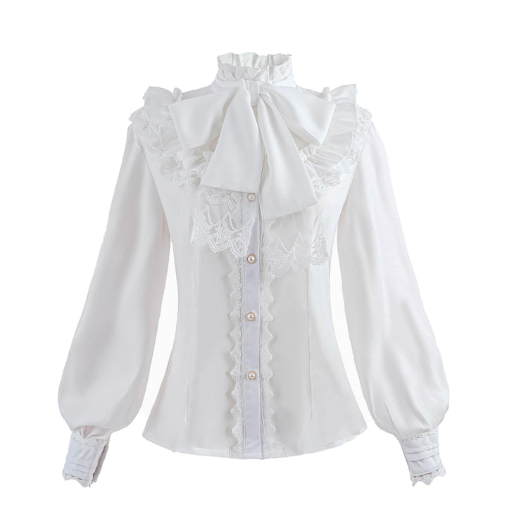 Fiamll Damen Viktorianisch Bluse Vintage Schleifenhemd Stehkragen mit Rüschen Langarmshirt Mittelalt