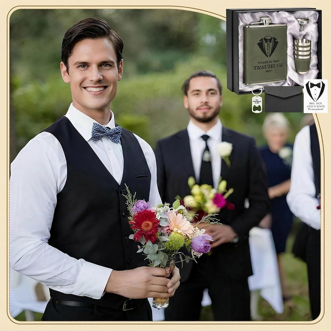 Personalisiertes Flachmann Geschenkset 8oz mit Gravur – Edelstahl Flachmann, 4 Becher, Trichter & Ge