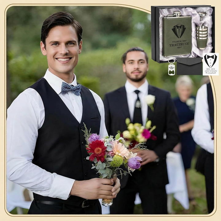 Personalisiertes Flachmann Geschenkset 8oz mit Gravur – Edelstahl Flachmann, 4 Becher, Trichter & Ge