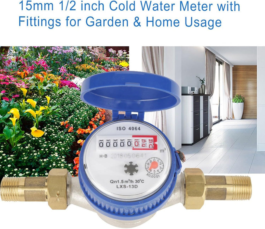 Wasseruhr Garten Geeicht, 15mm Wasserzähler Geeicht, 1/2 Zoll Gartenwasserzähler mit Armaturen, für