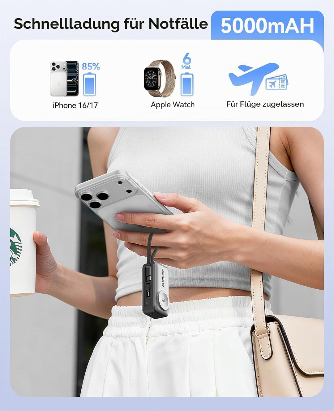 ORICO Mini Powerbank 5000mAh, PD 22,5W Externe Handyakkus mit Klappbarem USB-C Stecker &amp; USB-C Kabel
