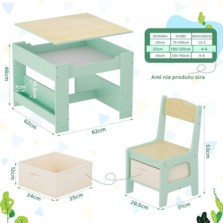 MAMIZO Kindertisch mit 2 Stühlen, 3 in 1 Kinder Tisch Stuhl Set, Kindermöbel Set aus Holz mit Staura