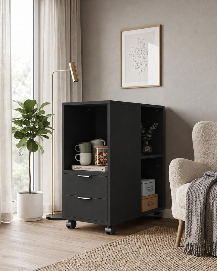 Rollcontainer Aktenschrank, Büro Schubladenschrank Untertisch, Schwarz Schwarz Holz, Schwarz Holz