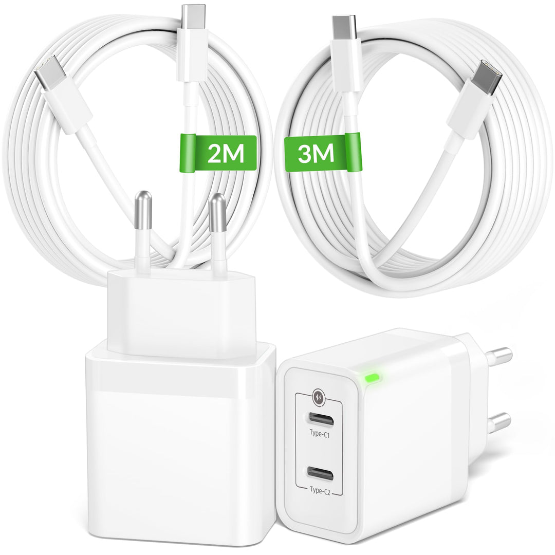 45W USB C Ladegerät Ladekabel, 2-Port Schnellladegerät und USBC 2M+3M Schnellladekabel für iPhone 17