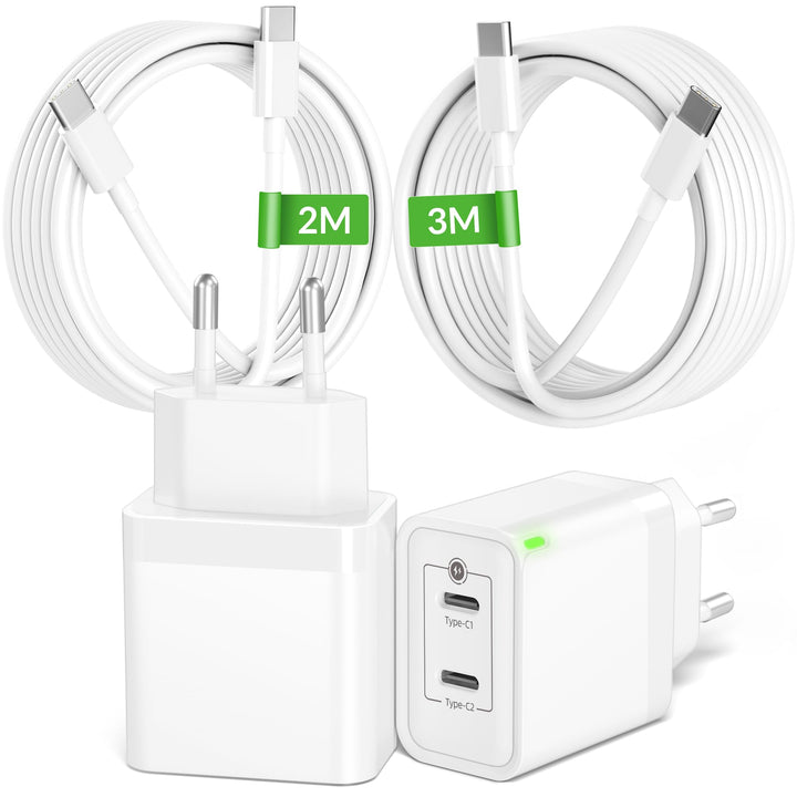 45W USB C Ladegerät Ladekabel, 2-Port Schnellladegerät und USBC 2M+3M Schnellladekabel für iPhone 17