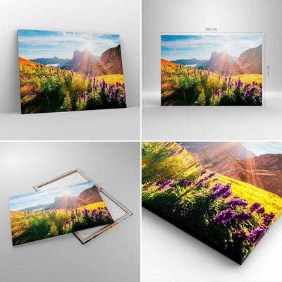 Bilder auf Leinwand 100x70cm Leinwandbild mit Rahmen Berge Wiese Blumen Gross Wanddeko Bild Schlafzi