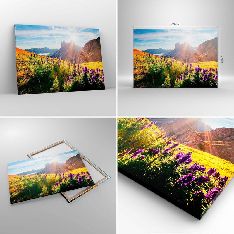 Bilder auf Leinwand 100x70cm Leinwandbild mit Rahmen Berge Wiese Blumen Gross Wanddeko Bild Schlafzi