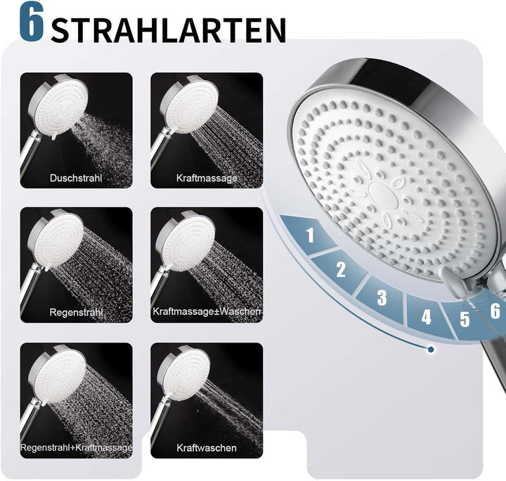 OFFO Duschkopf mit Schlauch 1,6m und Halterung, Handbrause mit Filter 6 Strahlarten, Duschkopf Gross