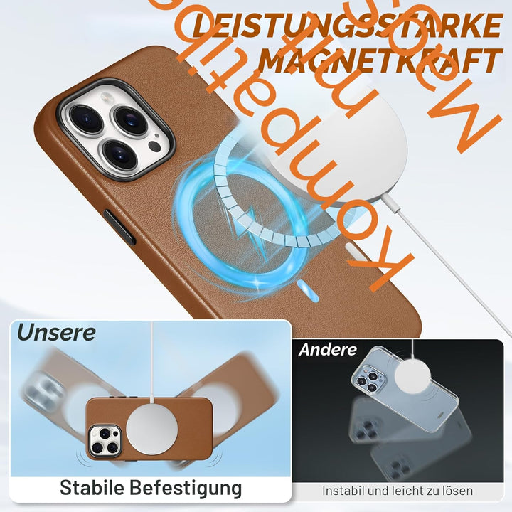 SHIELDON Hülle für iPhone 15 Pro Max Handyhülle Schutzhülle [Echtleder] [Kabellos Laden] [Elegant Au