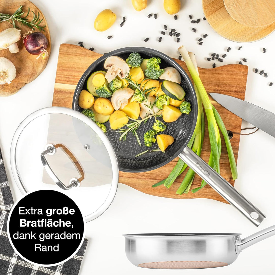 Moritz & Moritz Edelstahlpfanne mit Deckel 24cm und Keramikbeschichtung der neuesten Generation - fü